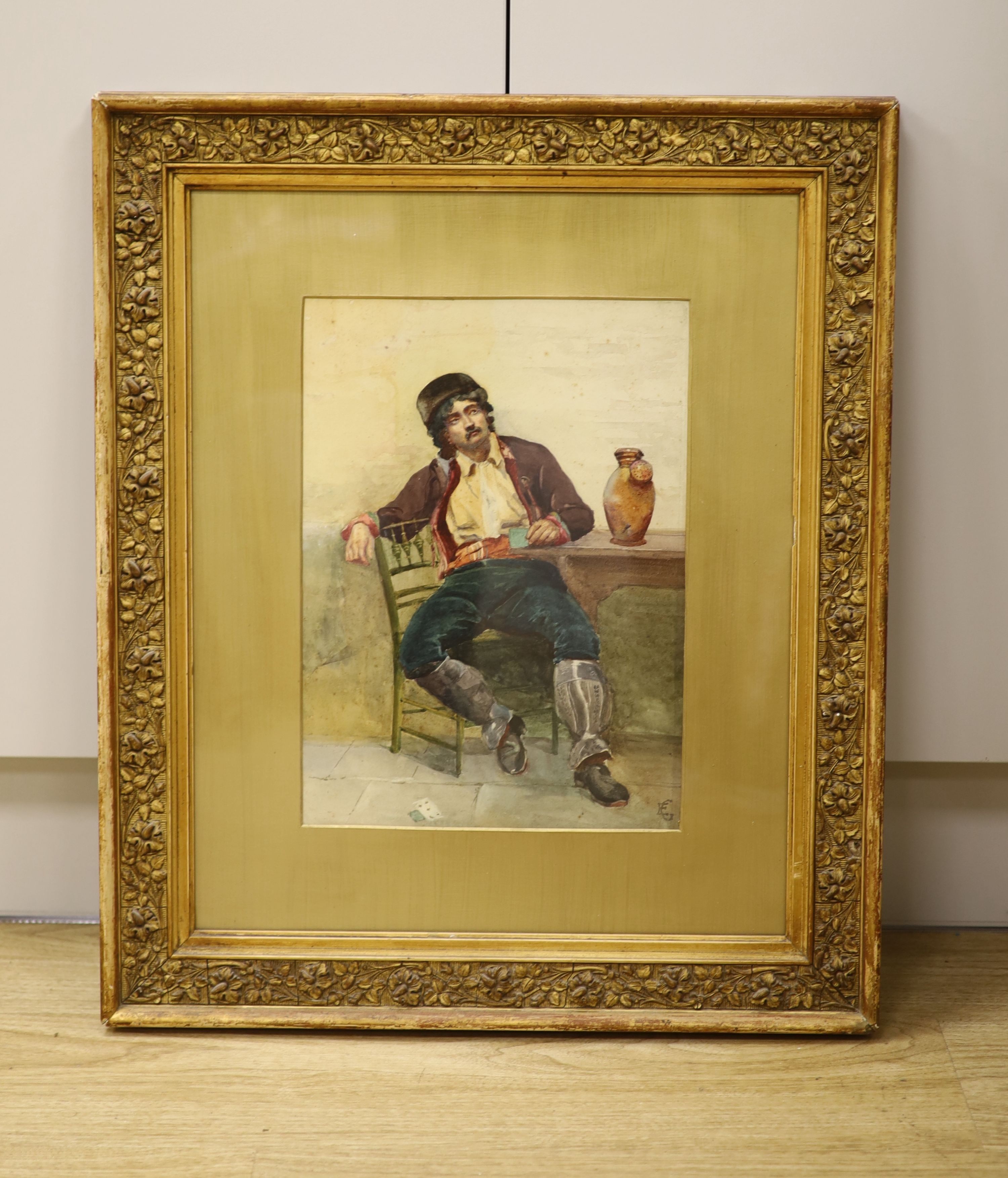 E.G. (19th C.), watercolour, Study of a seated Italian card player, monogrammed, 35 x 25cm